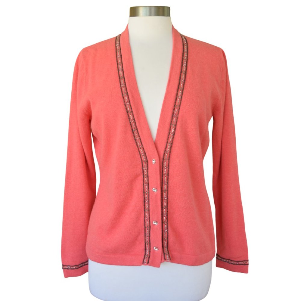 J. McLaughlin Coral Bead Embellished Wool Angora Cardigan Sweater